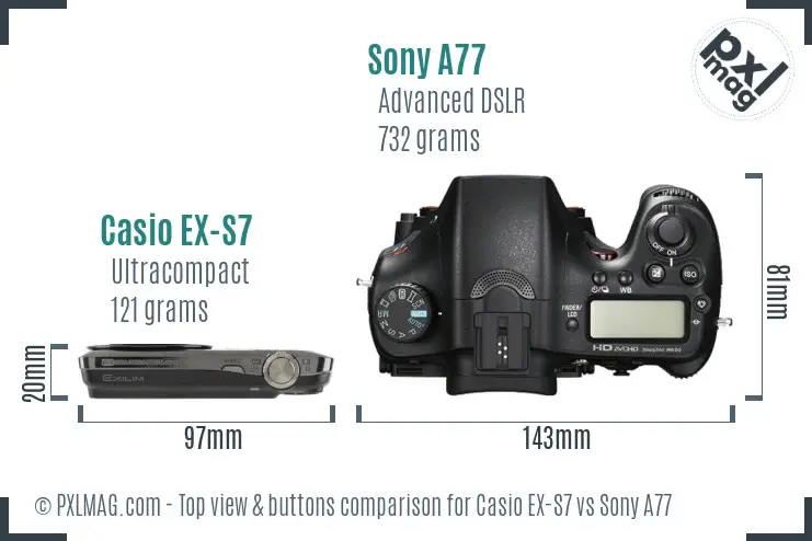 Casio EX-S7 vs Sony A77 top view buttons comparison