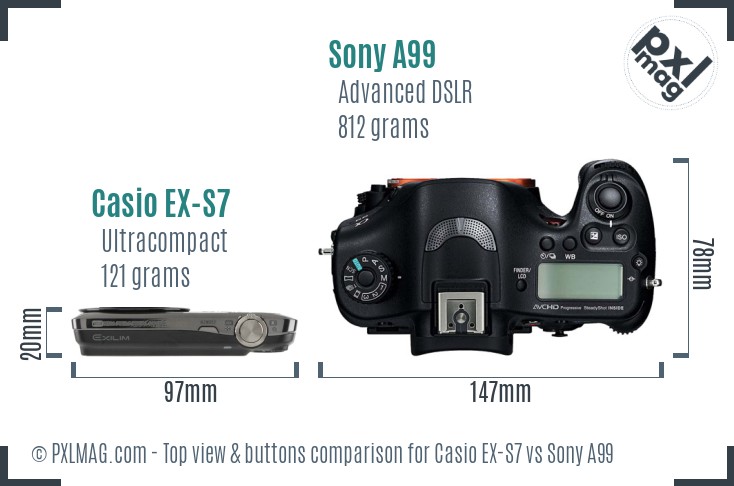 Casio EX-S7 vs Sony A99 top view buttons comparison
