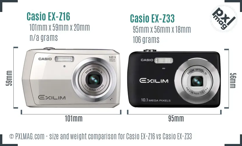 Casio EX-Z16 vs Casio EX-Z33 size comparison Casio EX-Z16 vs Casio EX-Z33 size comparison
