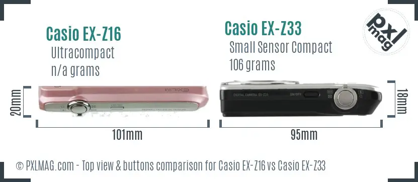 Casio EX-Z16 vs Casio EX-Z33 top view buttons comparison Casio EX-Z16 vs Casio EX-Z33 top view buttons comparison