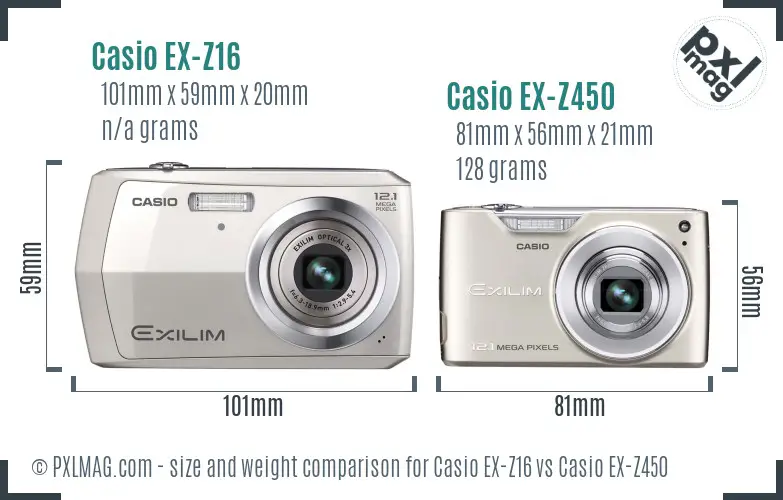Casio EX-Z16 vs Casio EX-Z450 size comparison Casio EX-Z16 vs Casio EX-Z450 size comparison