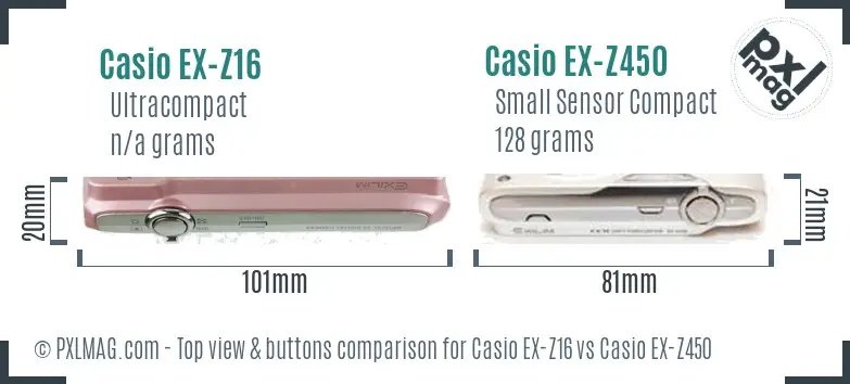 Casio EX-Z16 vs Casio EX-Z450 top view buttons comparison Casio EX-Z16 vs Casio EX-Z450 top view buttons comparison