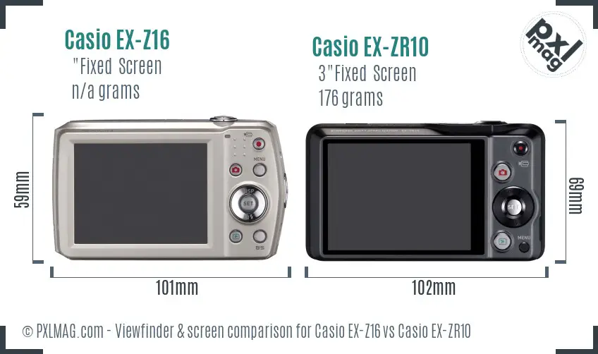 Casio EX-Z16 vs Casio EX-ZR10 Screen and Viewfinder comparison
