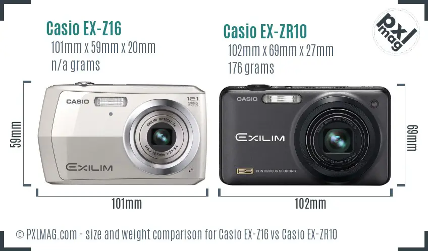Casio EX-Z16 vs Casio EX-ZR10 size comparison