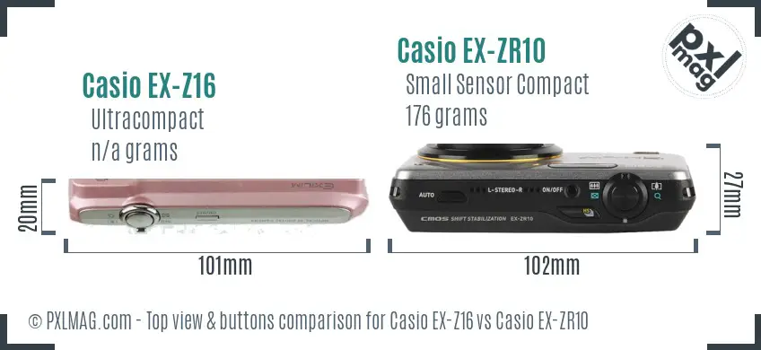 Casio EX-Z16 vs Casio EX-ZR10 top view buttons comparison