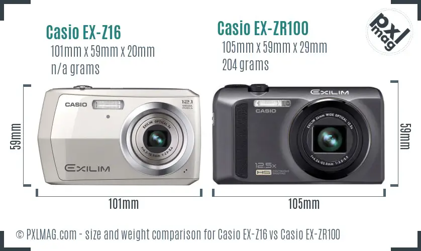 Casio EX-Z16 vs Casio EX-ZR100 size comparison