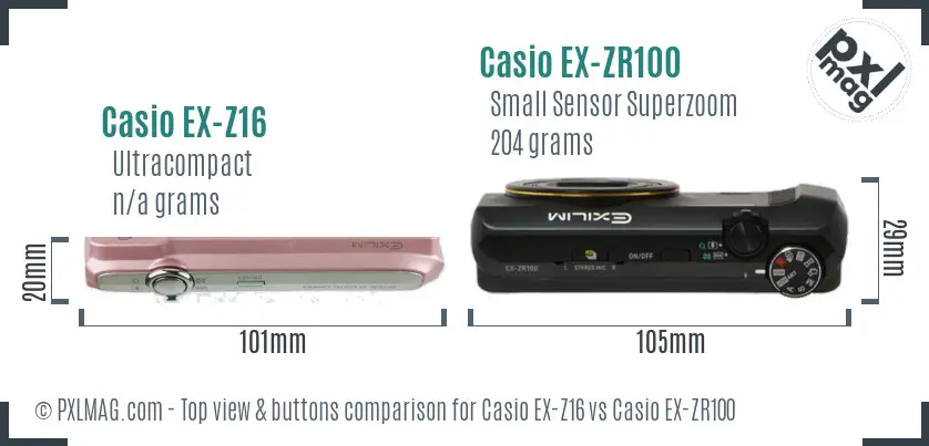 Casio EX-Z16 vs Casio EX-ZR100 top view buttons comparison