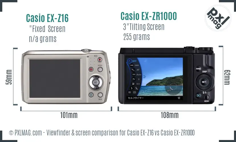 Casio EX-Z16 vs Casio EX-ZR1000 Screen and Viewfinder comparison