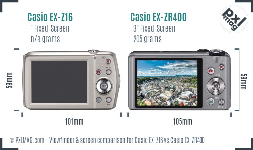 Casio EX-Z16 vs Casio EX-ZR400 Screen and Viewfinder comparison