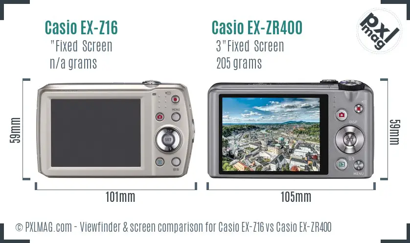 Casio EX-Z16 vs Casio EX-ZR400 Screen and Viewfinder comparison