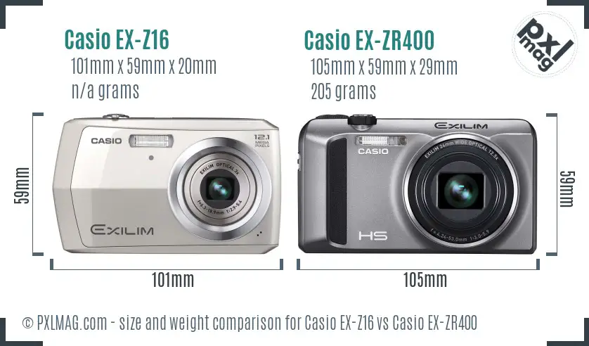Casio EX-Z16 vs Casio EX-ZR400 size comparison Casio EX-Z16 vs Casio EX-ZR400 size comparison