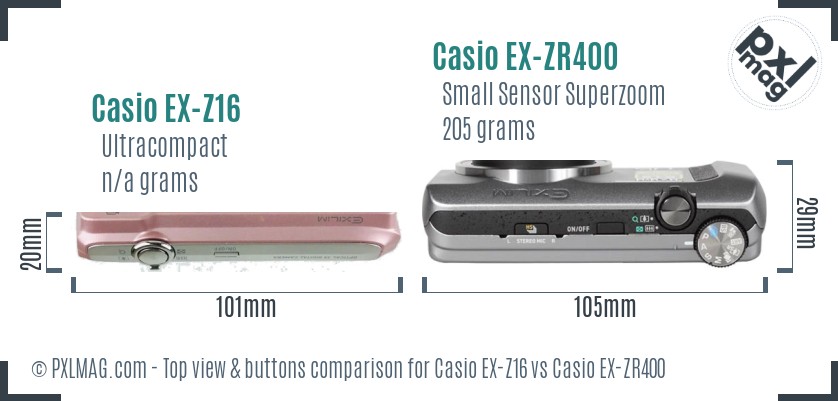 Casio EX-Z16 vs Casio EX-ZR400 top view buttons comparison