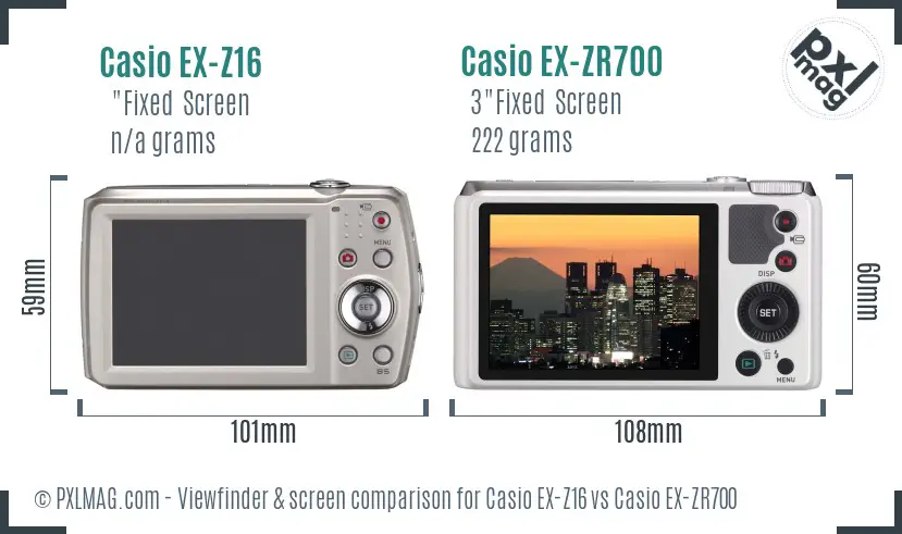 Casio EX-Z16 vs Casio EX-ZR700 Screen and Viewfinder comparison