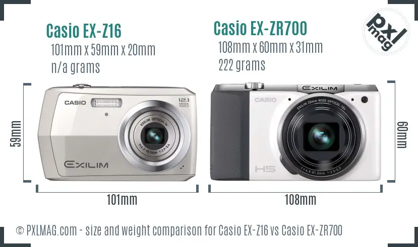 Casio EX-Z16 vs Casio EX-ZR700 size comparison