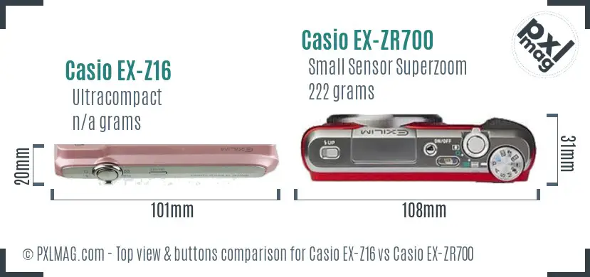 Casio EX-Z16 vs Casio EX-ZR700 top view buttons comparison