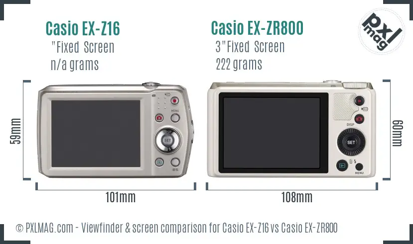 Casio EX-Z16 vs Casio EX-ZR800 Screen and Viewfinder comparison