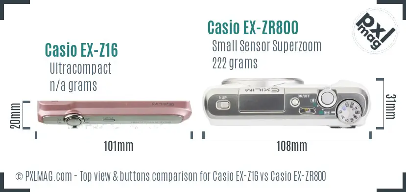 Casio EX-Z16 vs Casio EX-ZR800 top view buttons comparison