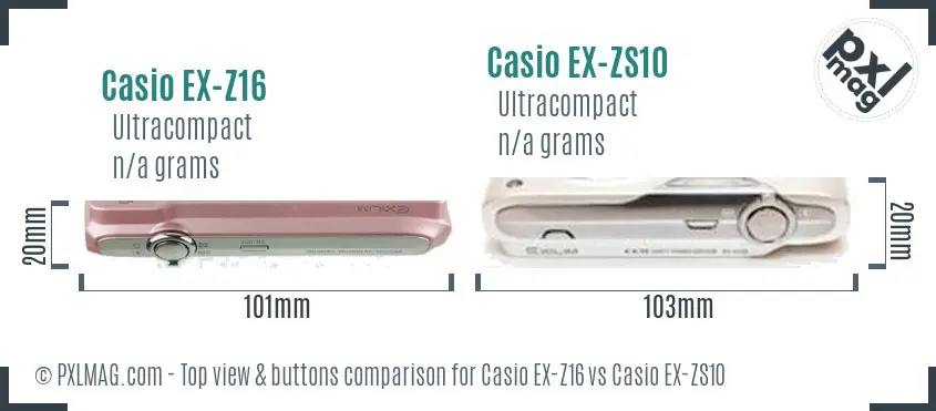 Casio EX-Z16 vs Casio EX-ZS10 top view buttons comparison