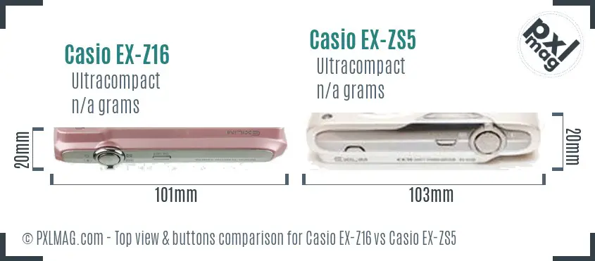 Casio EX-Z16 vs Casio EX-ZS5 top view buttons comparison