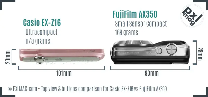 Casio EX-Z16 vs FujiFilm AX350 top view buttons comparison Casio EX-Z16 vs FujiFilm AX350 top view buttons comparison