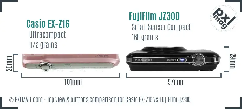 Casio EX-Z16 vs FujiFilm JZ300 top view buttons comparison
