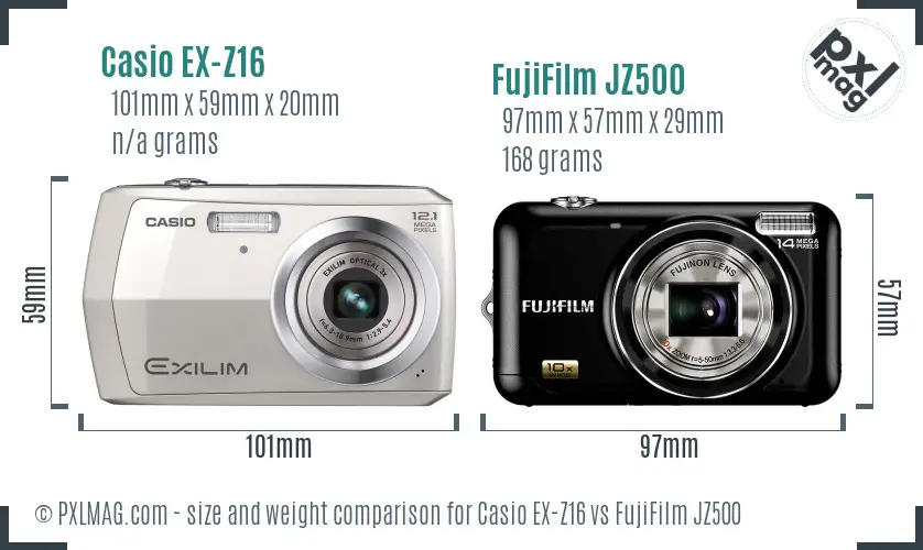 Casio EX-Z16 vs FujiFilm JZ500 size comparison Casio EX-Z16 vs FujiFilm JZ500 size comparison