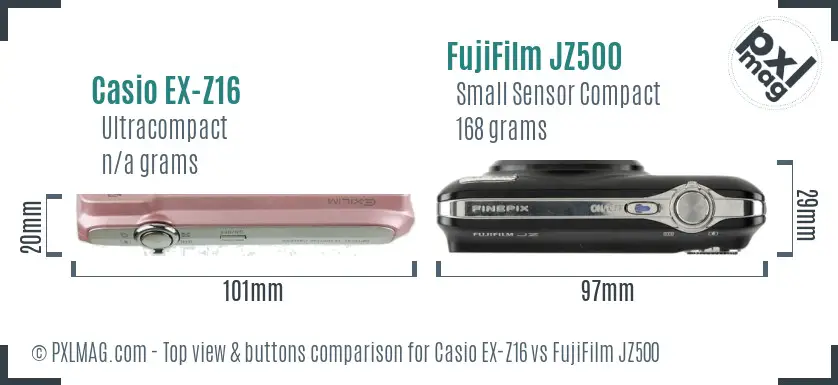Casio EX-Z16 vs FujiFilm JZ500 top view buttons comparison Casio EX-Z16 vs FujiFilm JZ500 top view buttons comparison