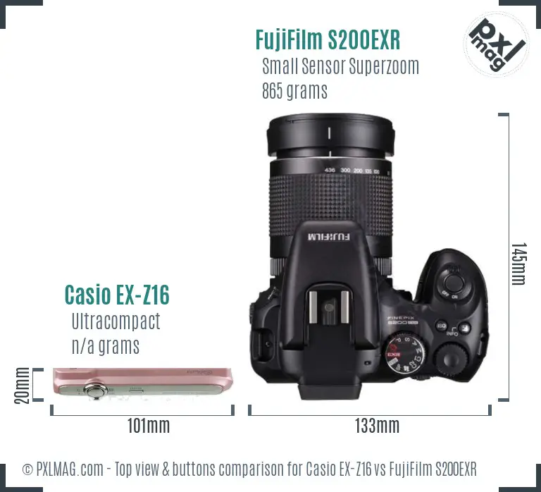Casio EX-Z16 vs FujiFilm S200EXR top view buttons comparison