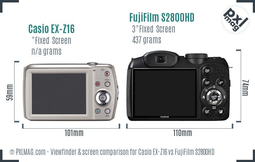 Casio EX-Z16 vs FujiFilm S2800HD Screen and Viewfinder comparison