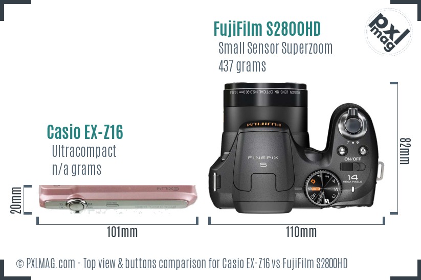 Casio EX-Z16 vs FujiFilm S2800HD top view buttons comparison