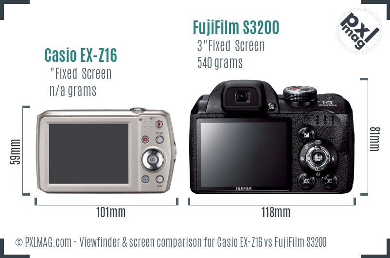 Casio EX-Z16 vs FujiFilm S3200 Screen and Viewfinder comparison
