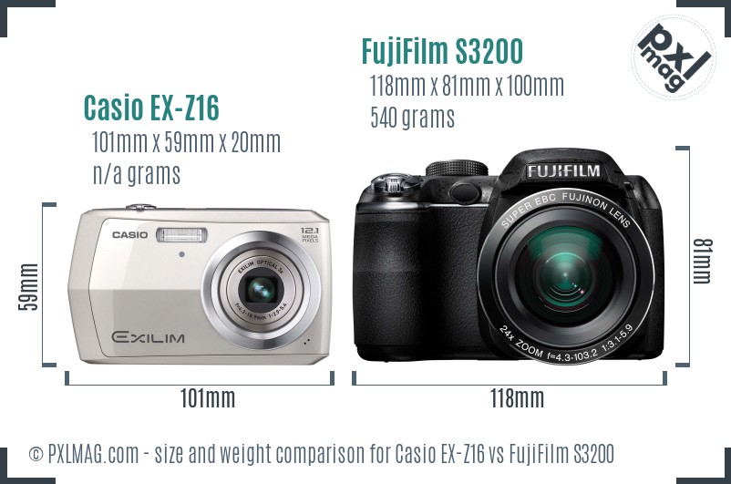 Casio EX-Z16 vs FujiFilm S3200 size comparison