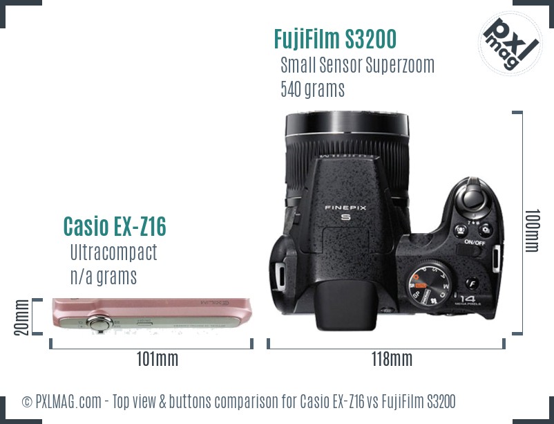 Casio EX-Z16 vs FujiFilm S3200 top view buttons comparison
