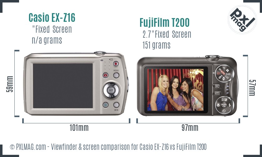 Casio EX-Z16 vs FujiFilm T200 Screen and Viewfinder comparison