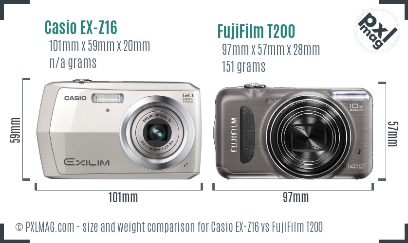 Casio EX-Z16 vs FujiFilm T200 size comparison Casio EX-Z16 vs FujiFilm T200 size comparison