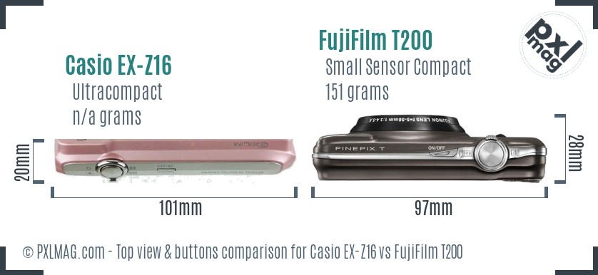 Casio EX-Z16 vs FujiFilm T200 top view buttons comparison