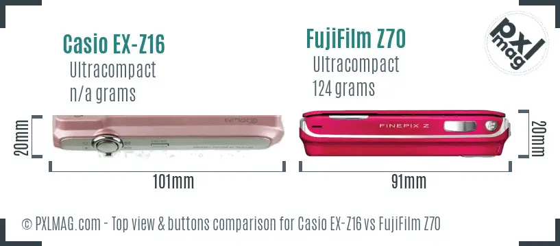 Casio EX-Z16 vs FujiFilm Z70 top view buttons comparison