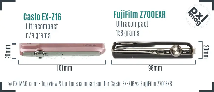 Casio EX-Z16 vs FujiFilm Z700EXR top view buttons comparison Casio EX-Z16 vs FujiFilm Z700EXR top view buttons comparison
