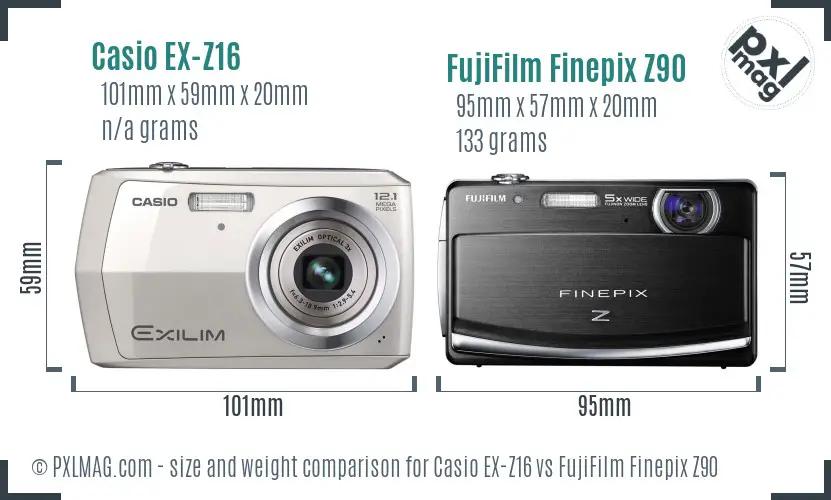 Casio EX-Z16 vs FujiFilm Finepix Z90 size comparison Casio EX-Z16 vs FujiFilm Finepix Z90 size comparison