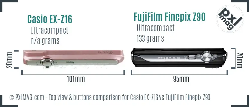 Casio EX-Z16 vs FujiFilm Finepix Z90 top view buttons comparison Casio EX-Z16 vs FujiFilm Finepix Z90 top view buttons comparison