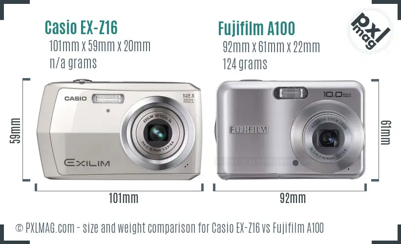 Casio EX-Z16 vs Fujifilm A100 size comparison Casio EX-Z16 vs Fujifilm A100 size comparison