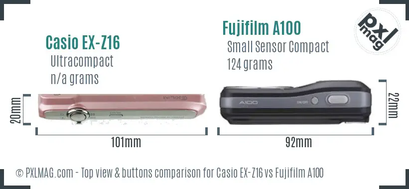 Casio EX-Z16 vs Fujifilm A100 top view buttons comparison Casio EX-Z16 vs Fujifilm A100 top view buttons comparison