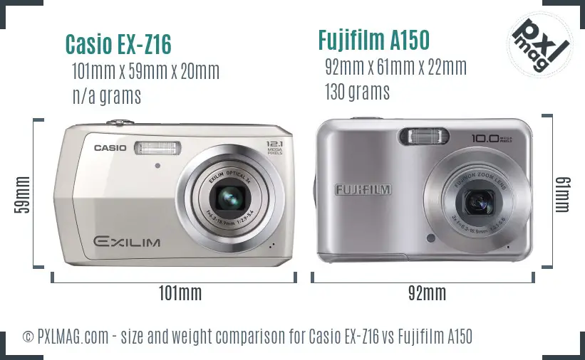 Casio EX-Z16 vs Fujifilm A150 size comparison