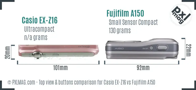 Casio EX-Z16 vs Fujifilm A150 top view buttons comparison