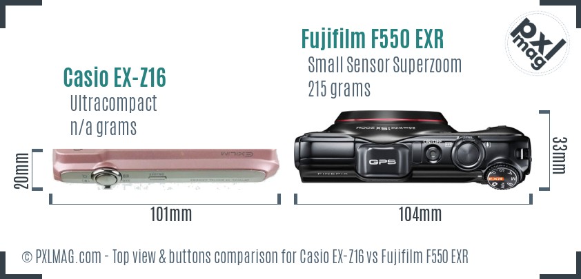 Casio EX-Z16 vs Fujifilm F550 EXR top view buttons comparison