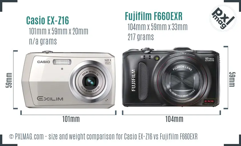 Casio EX-Z16 vs Fujifilm F660EXR size comparison