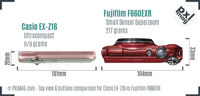 Casio EX-Z16 vs Fujifilm F660EXR top view buttons comparison