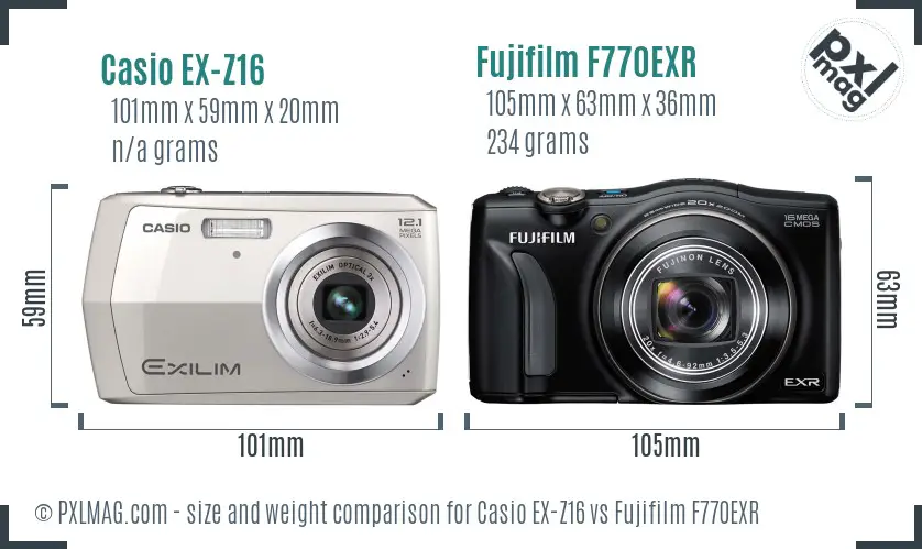 Casio EX-Z16 vs Fujifilm F770EXR size comparison Casio EX-Z16 vs Fujifilm F770EXR size comparison