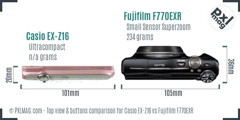 Casio EX-Z16 vs Fujifilm F770EXR top view buttons comparison Casio EX-Z16 vs Fujifilm F770EXR top view buttons comparison