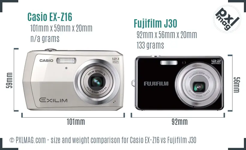 Casio EX-Z16 vs Fujifilm J30 size comparison Casio EX-Z16 vs Fujifilm J30 size comparison